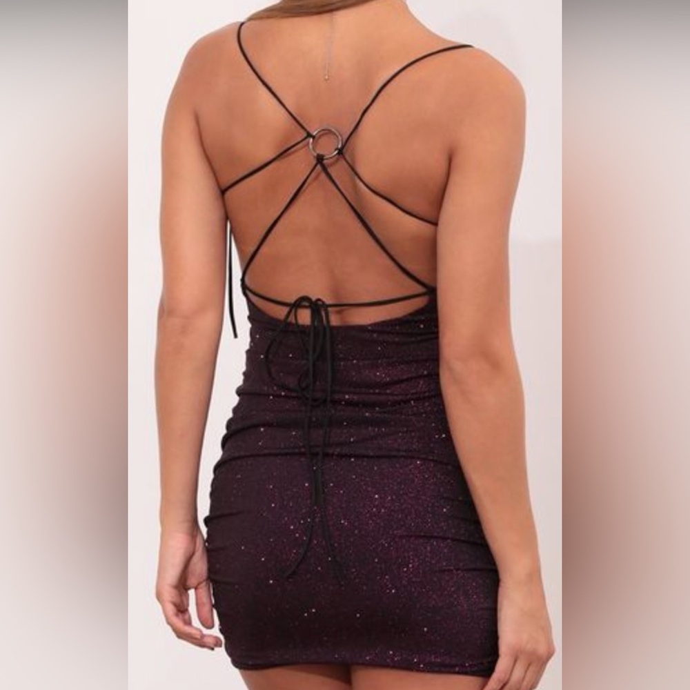 purple sparkly strappy mini hoco dress